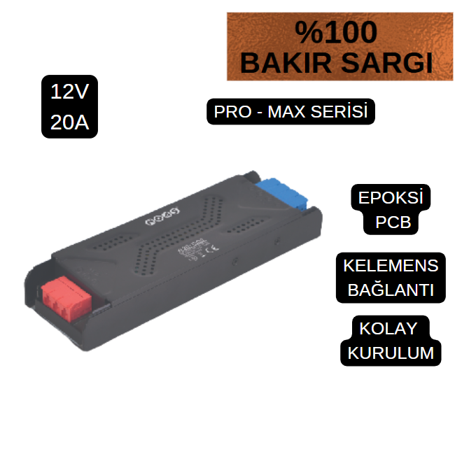 Noas 20 Amper 250W 12 Volt Şerit Led Trafosu Slim Bakır Sargı Promax Serisi YL20-2500