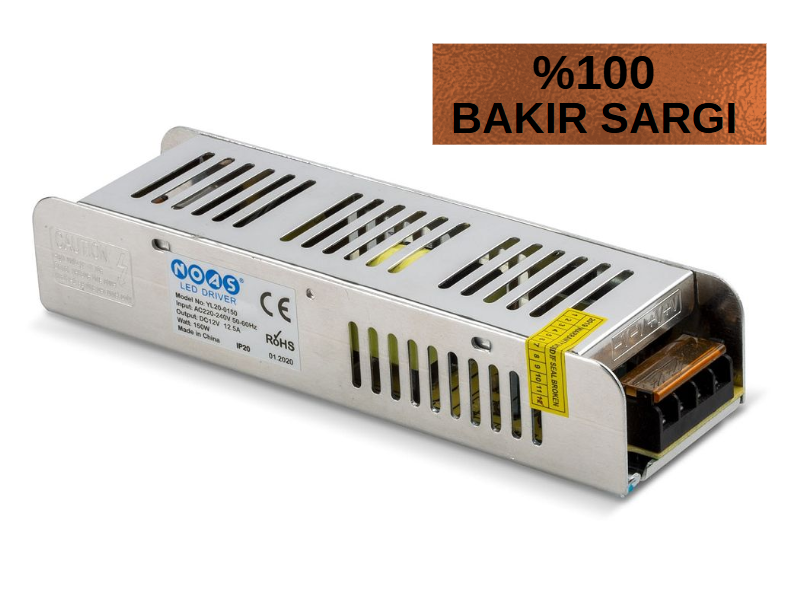 Noas 12,5 Amper 150W 12 Volt Şerit Led Trafosu Slim Bakır Sargı YL20-0150