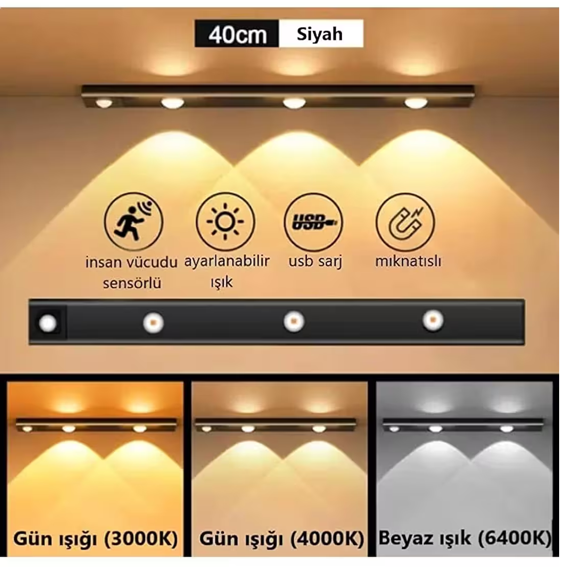 Noas Aztek 3 Watt Ledli 3 Renk Yanma Modlu Sensörlü Usb Şarjlı Cabinet Siyah YL05-6100