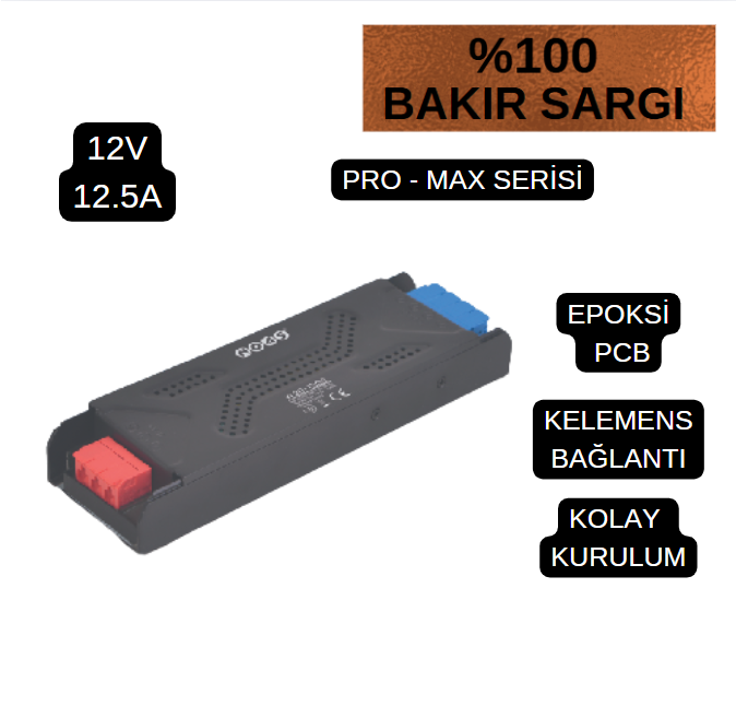 Noas 10 Amper 120W 12 Volt Şerit Led Trafosu Slim Bakır Sargı Promax Serisi YL20-1200